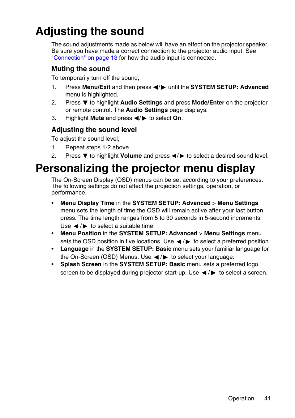 Adjusting the sound, Personalizing the projector menu display | InFocus XS1 User Manual | Page 41 / 61