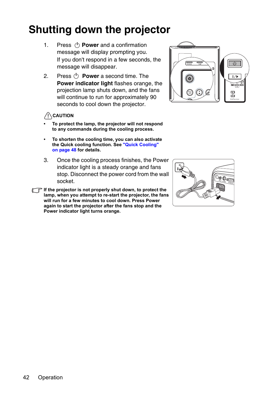 Shutting down the projector, Shutting down the | InFocus XS1 User Manual | Page 42 / 61