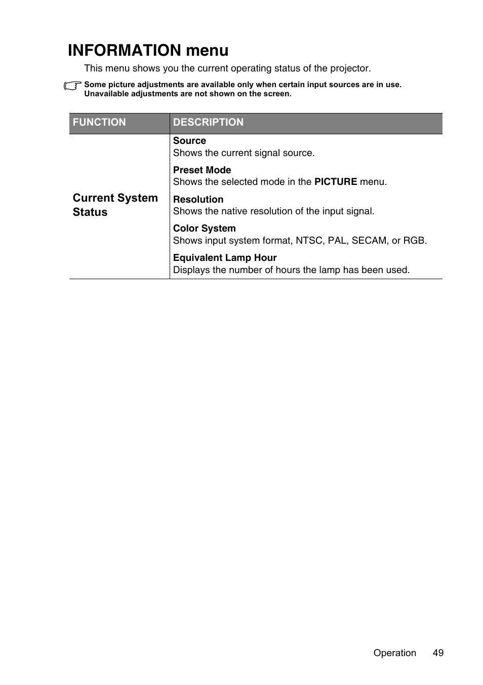 Information menu | InFocus XS1 User Manual | Page 49 / 61