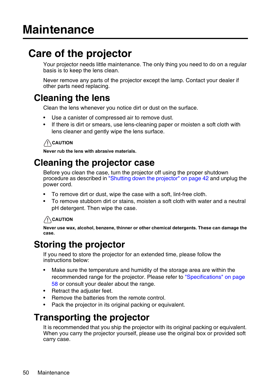 Maintenance, Care of the projector, Cleaning the lens | Cleaning the projector case, Storing the projector, Transporting the projector | InFocus XS1 User Manual | Page 50 / 61