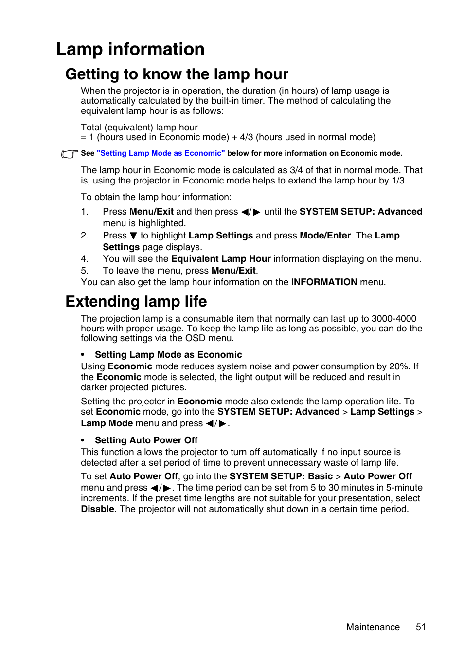 Lamp information, Getting to know the lamp hour, Extending lamp life | Setting auto, Setting lamp mode as | InFocus XS1 User Manual | Page 51 / 61