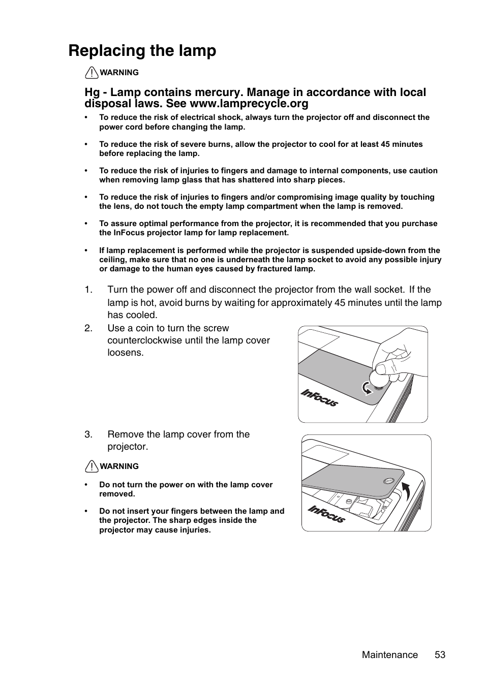 Replacing the lamp | InFocus XS1 User Manual | Page 53 / 61