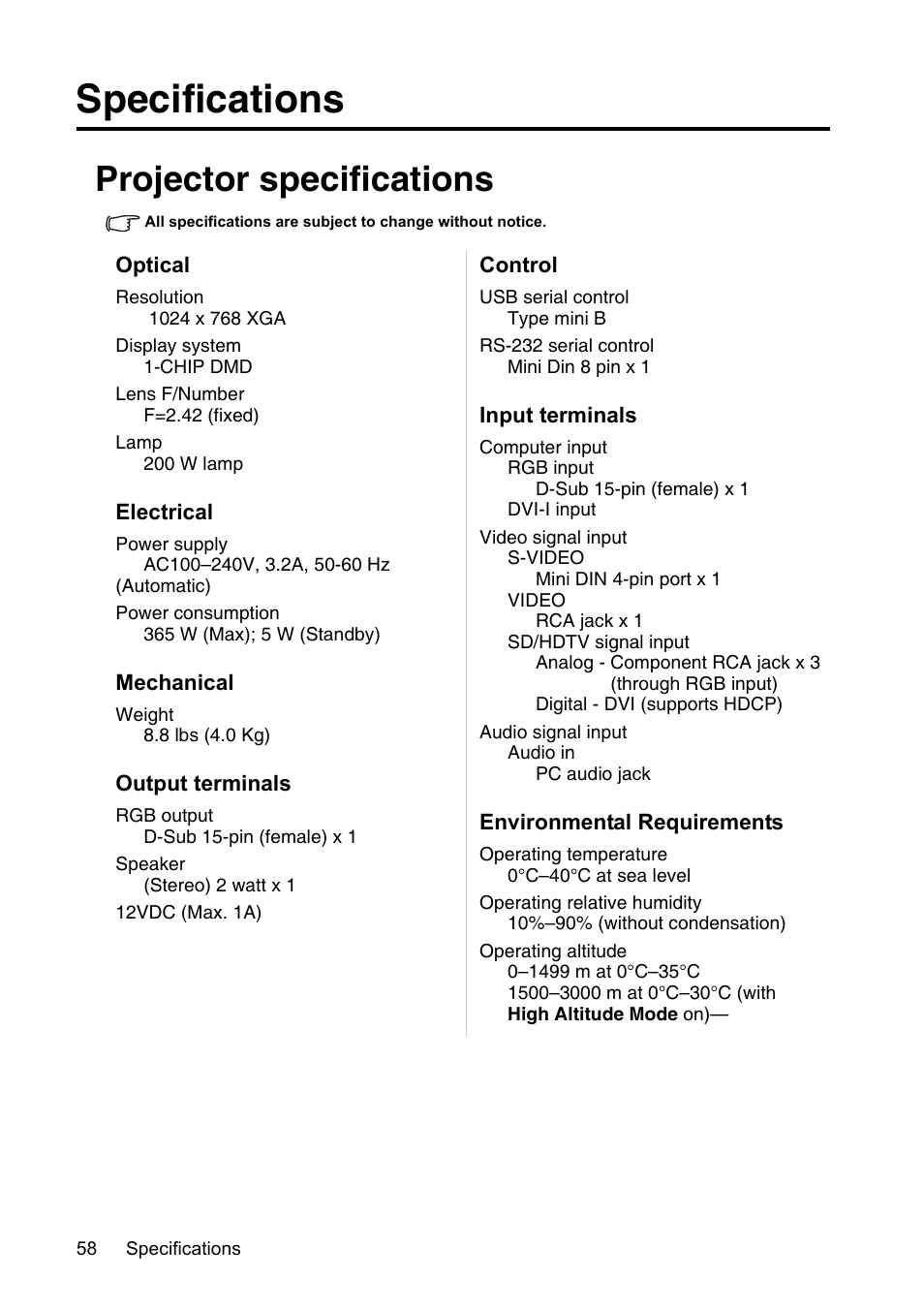 Specifications, Projector specifications | InFocus XS1 User Manual | Page 58 / 61