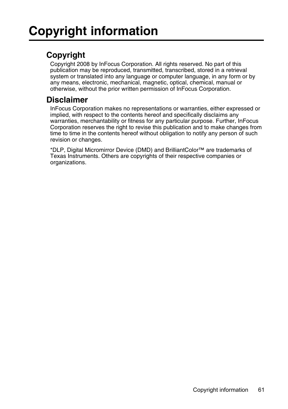 Copyright information, Copyright, Disclaimer | InFocus XS1 User Manual | Page 61 / 61