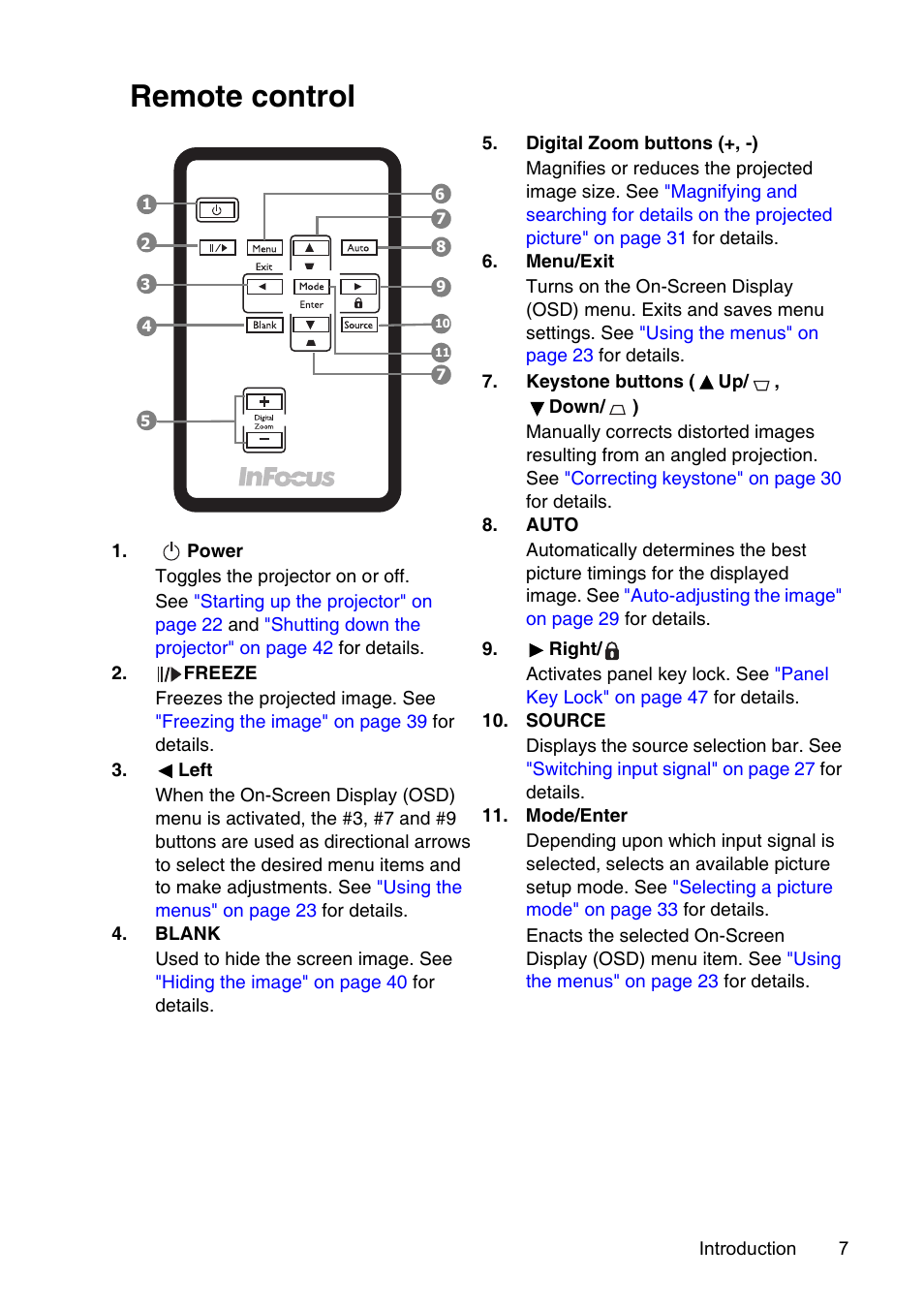 Remote control | InFocus XS1 User Manual | Page 7 / 61