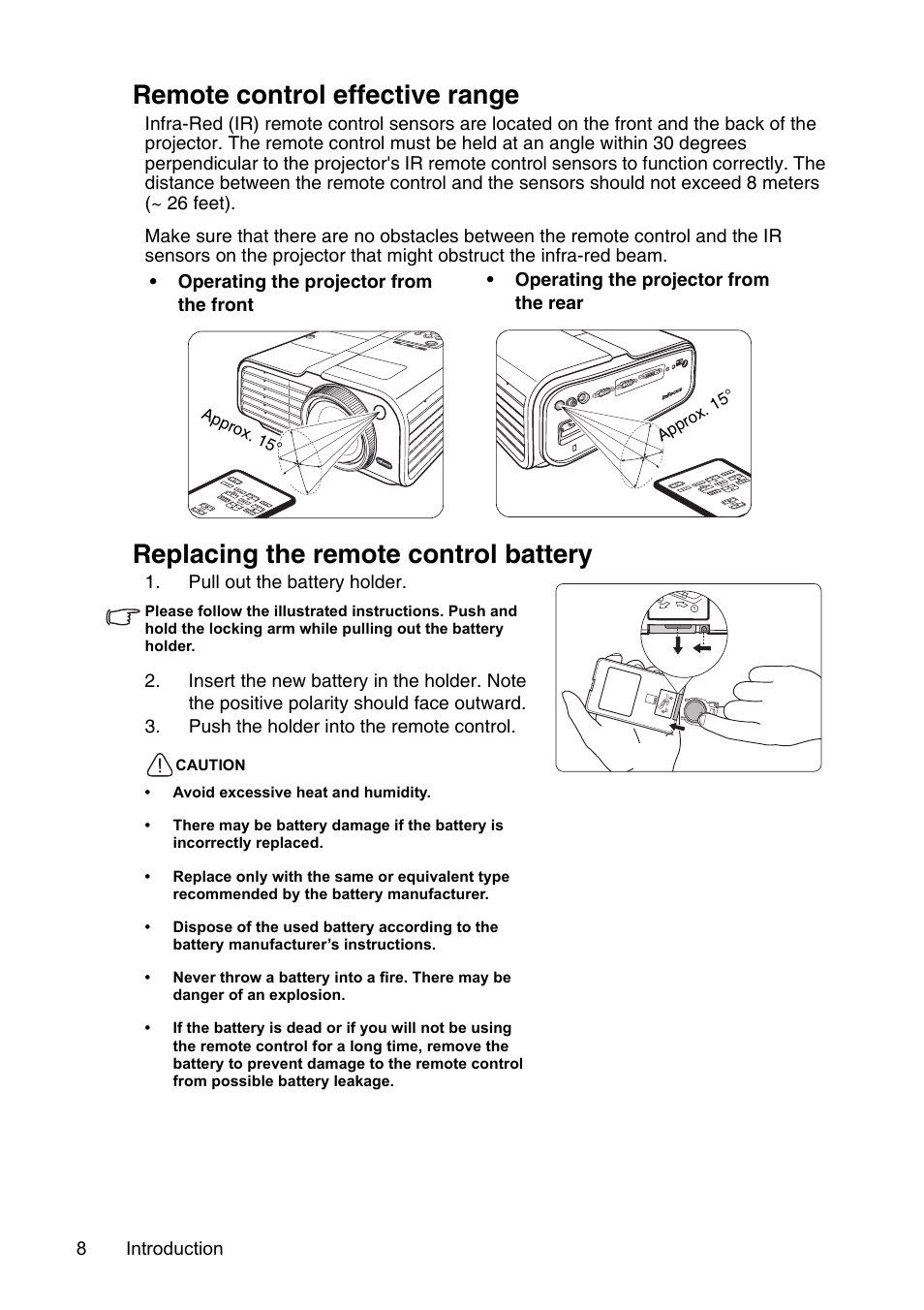 Remote control effective range, Replacing the remote control battery | InFocus XS1 User Manual | Page 8 / 61