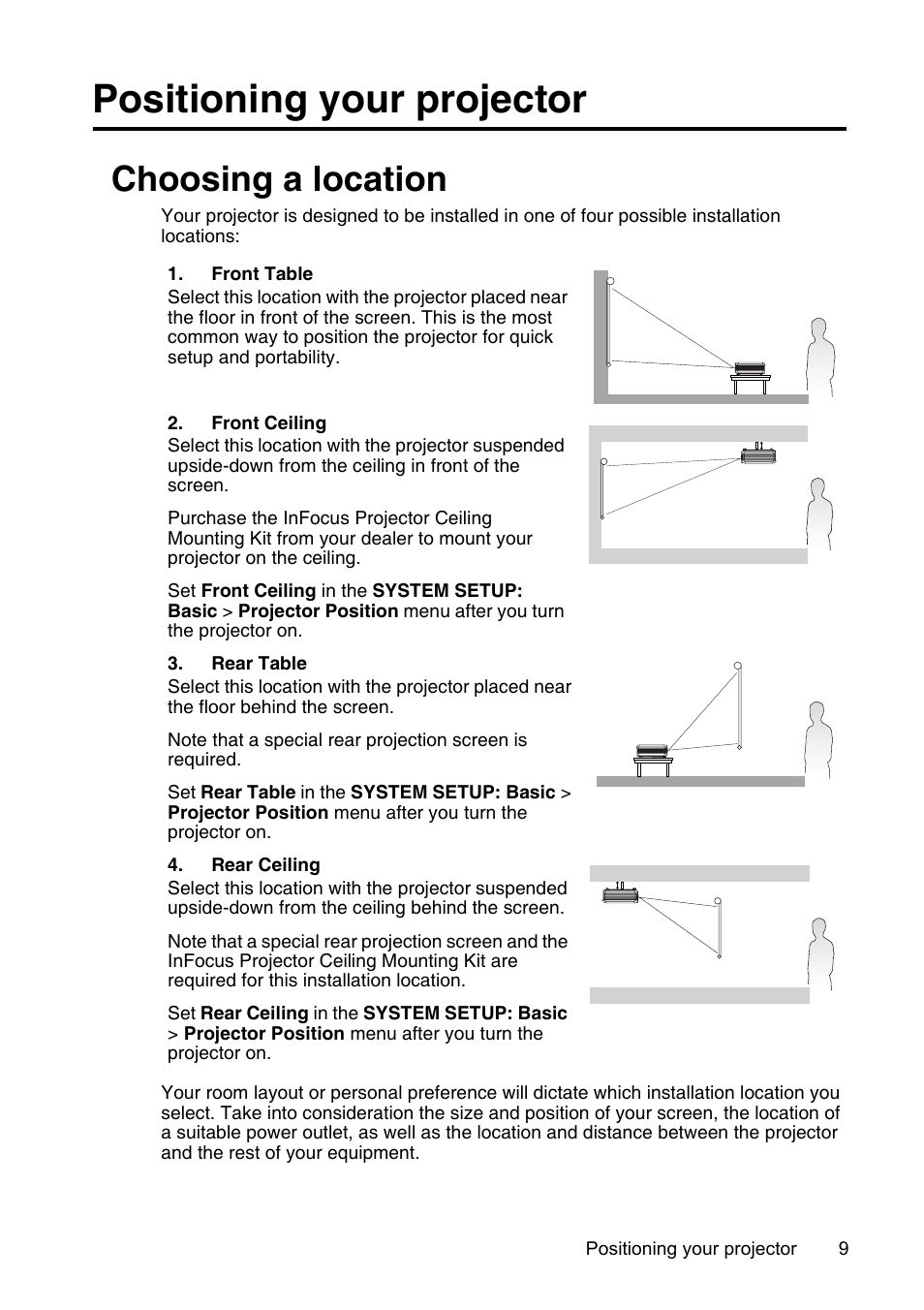 Positioning your projector, Choosing a location | InFocus XS1 User Manual | Page 9 / 61