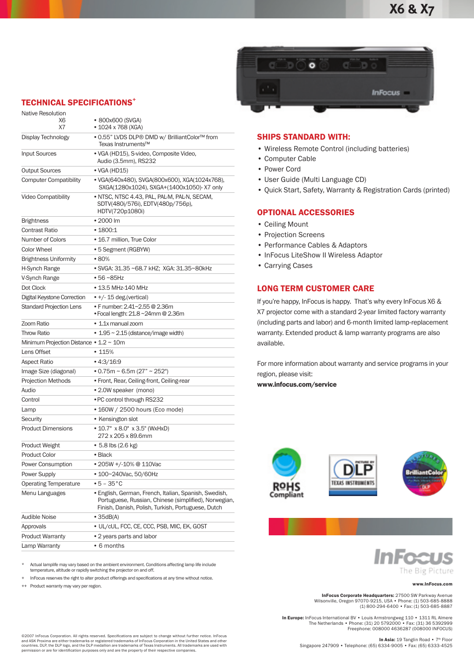 X6 & x7, Ships standard with, Optional accessories | Long term customer care, Technical specifications | InFocus X7  EN User Manual | Page 2 / 2