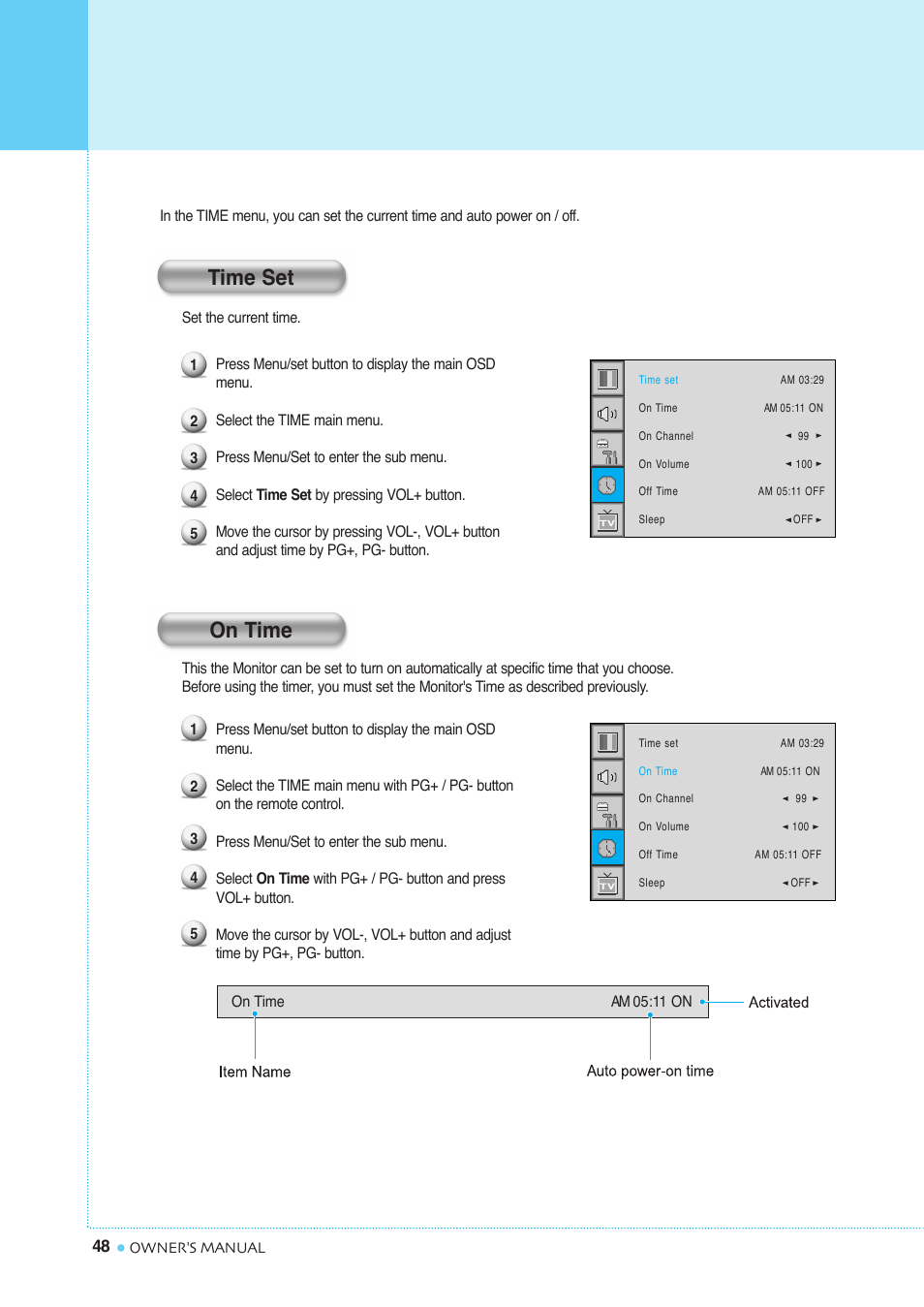 Setting the time, Time set on time | InFocus TD40 PAL User Manual | Page 49 / 55