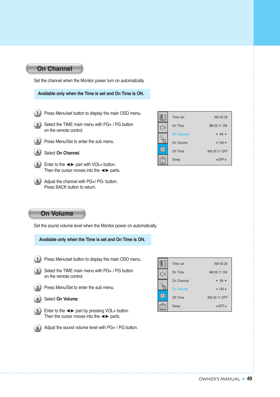 Setting the time, On channel on volume | InFocus TD40 PAL User Manual | Page 50 / 55
