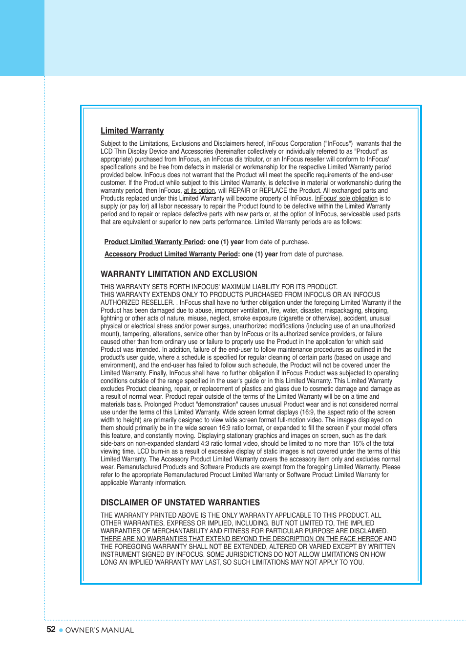 Warranty card | InFocus TD40 PAL User Manual | Page 53 / 55
