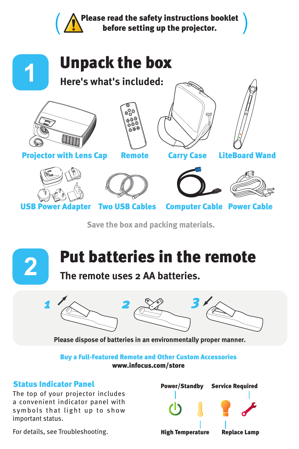 Unpack the box, Put batteries in the remote, Here's what's included | The remote uses 2 aa batteries | InFocus DISPLAY LINK W3902 User Manual | Page 2 / 8