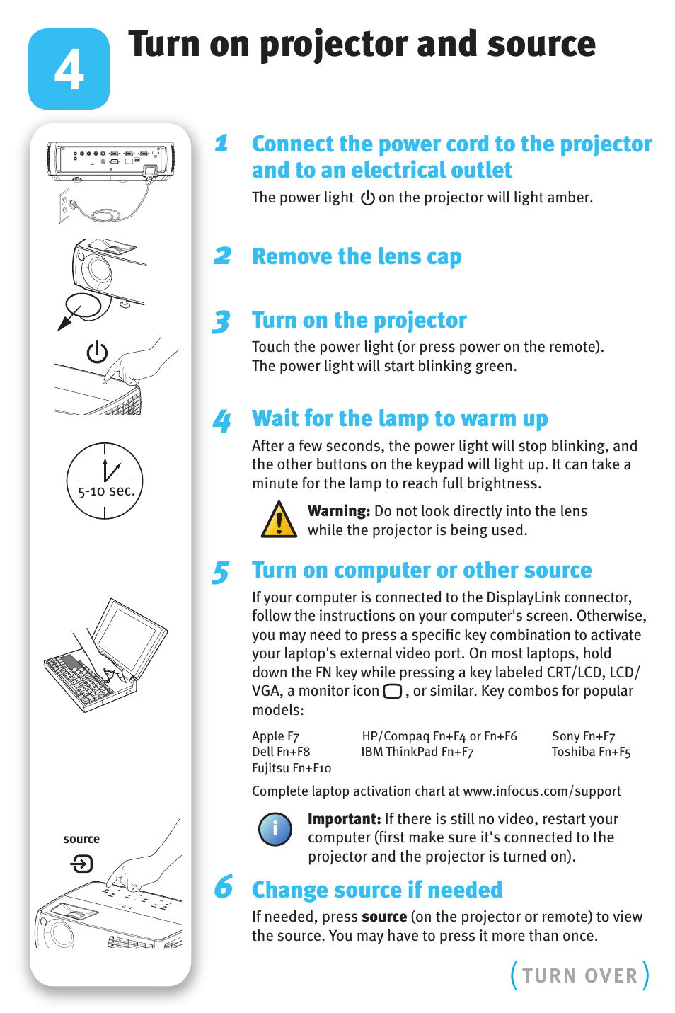 Turn on projector and source | InFocus DISPLAY LINK W3902 User Manual | Page 4 / 8