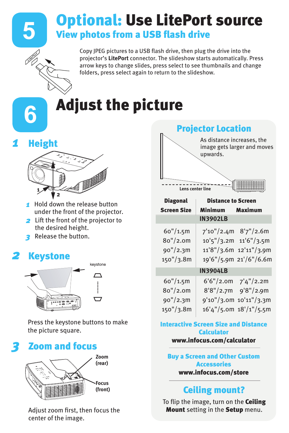 Adjust the picture, Optional: use liteport source, Height | Keystone, Zoom and focus, View photos from a usb flash drive, Projector location, Ceiling mount | InFocus DISPLAY LINK W3902 User Manual | Page 5 / 8