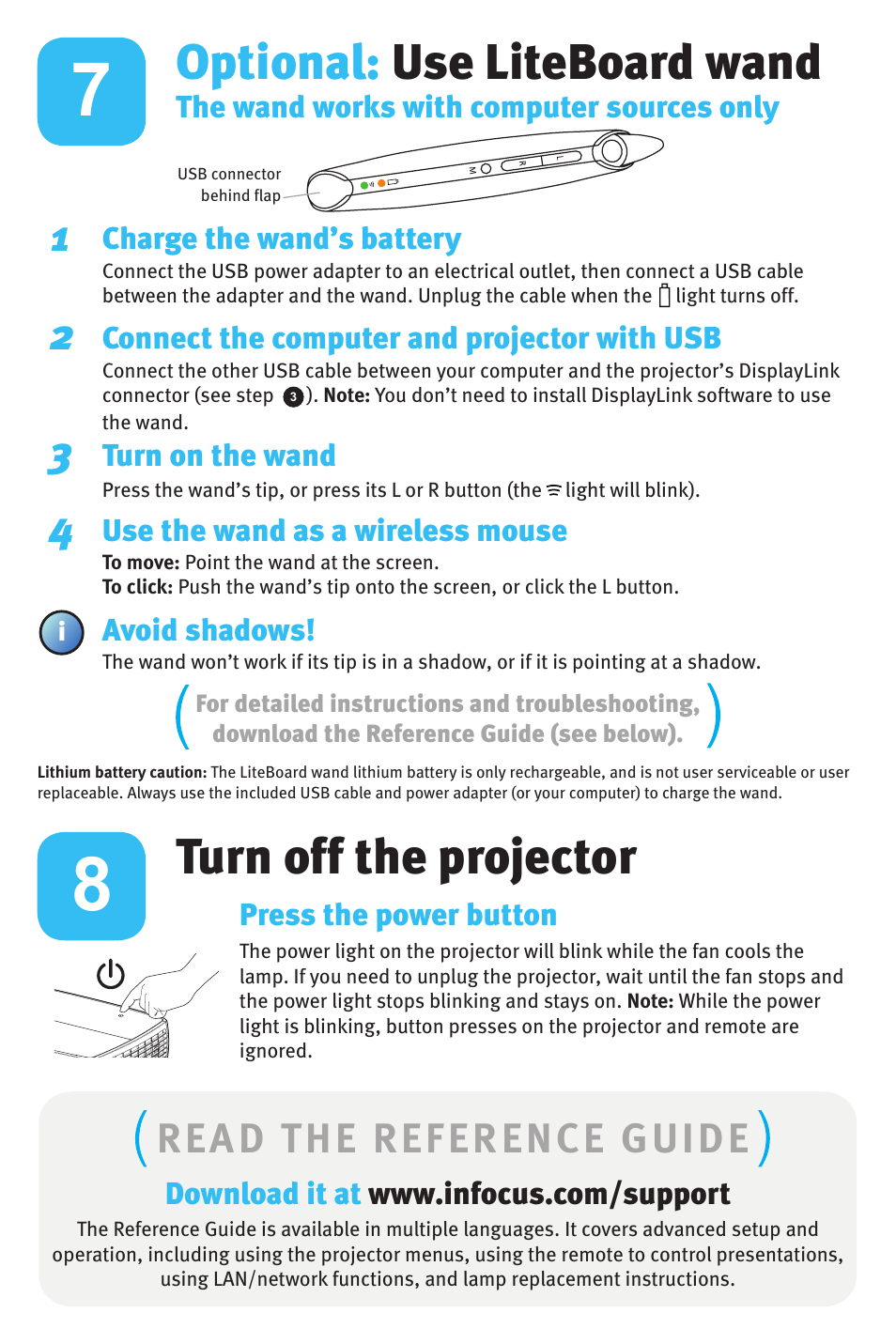 Turn off the projector, Optional: use liteboard wand, Read the reference guide | InFocus DISPLAY LINK W3902 User Manual | Page 6 / 8