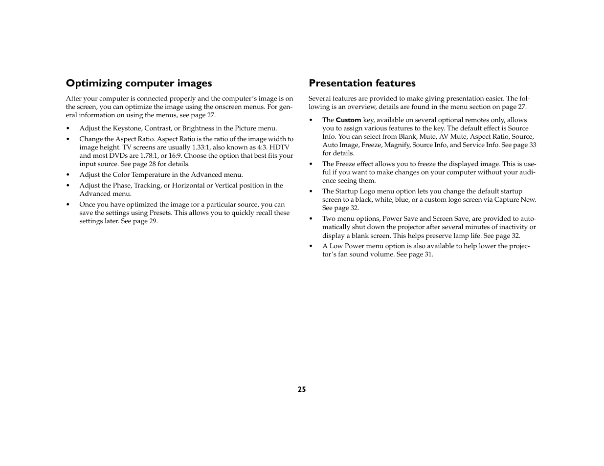 Optimizing computer images, Presentation features | InFocus IN5104 User Manual | Page 26 / 51