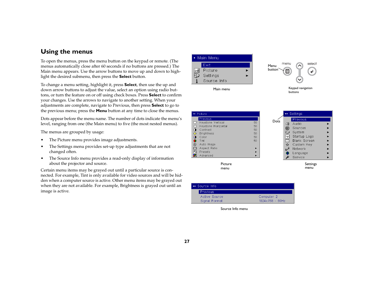 Using the menus | InFocus IN5104 User Manual | Page 28 / 51