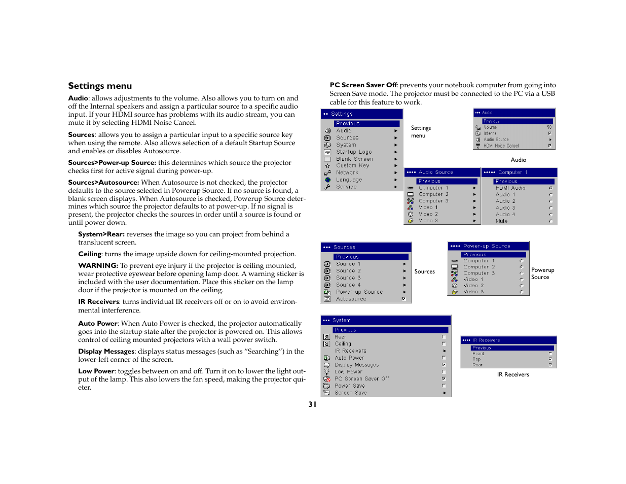 Settings menu | InFocus IN5104 User Manual | Page 32 / 51