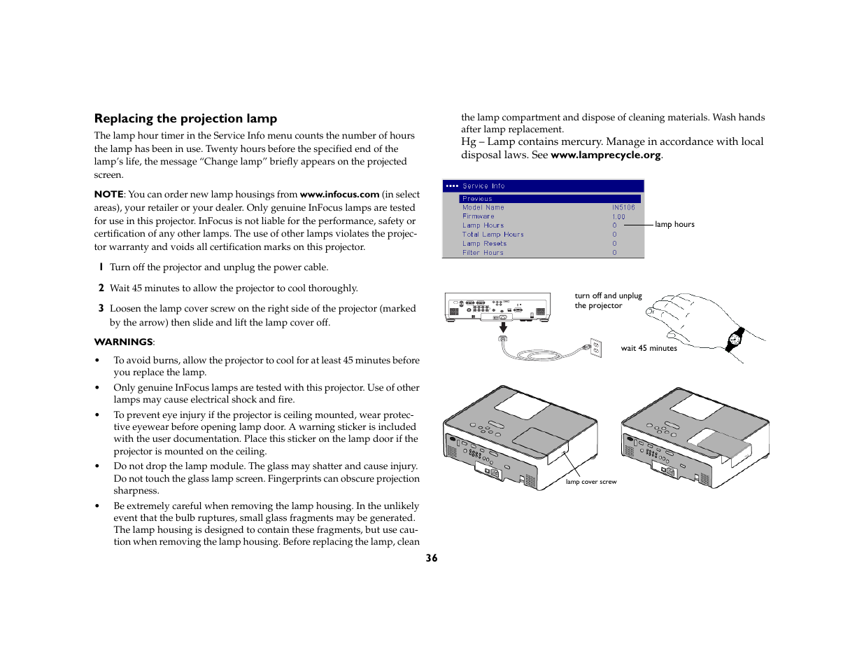 Replacing the projection lamp | InFocus IN5104 User Manual | Page 37 / 51