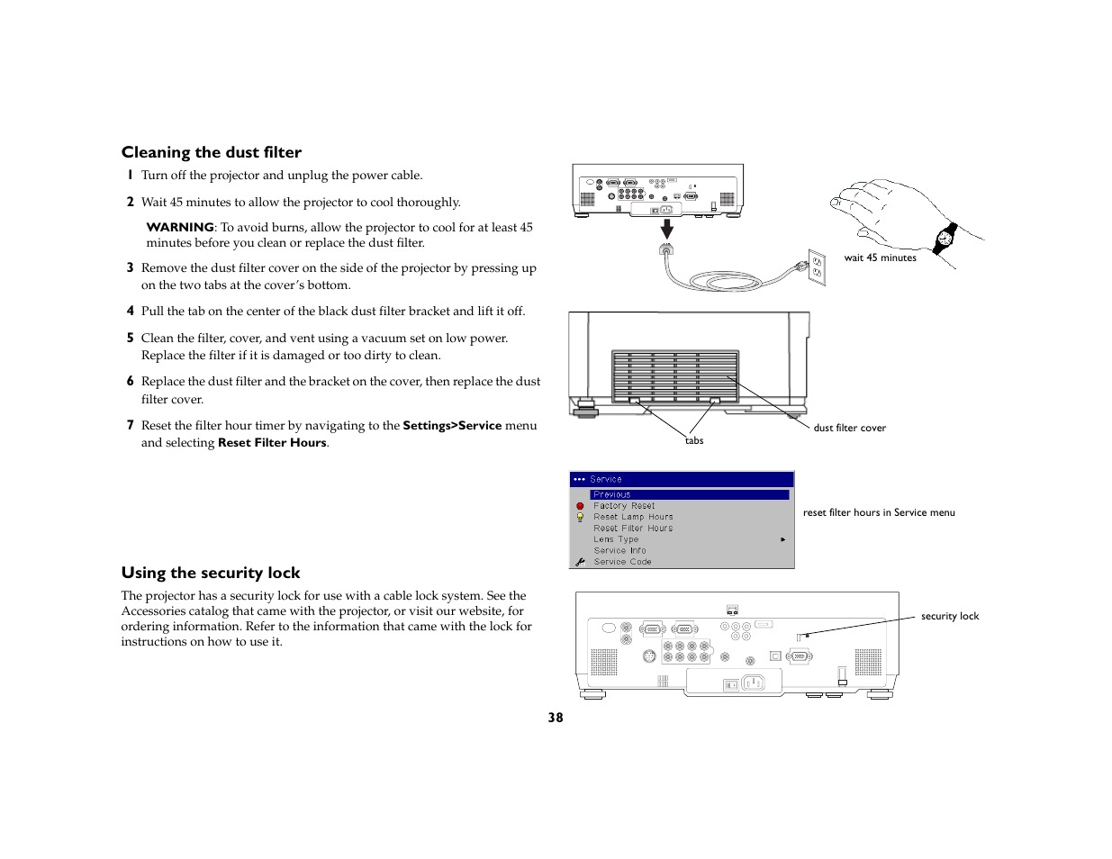 Cleaning the dust filter, Using the security lock | InFocus IN5104 User Manual | Page 39 / 51