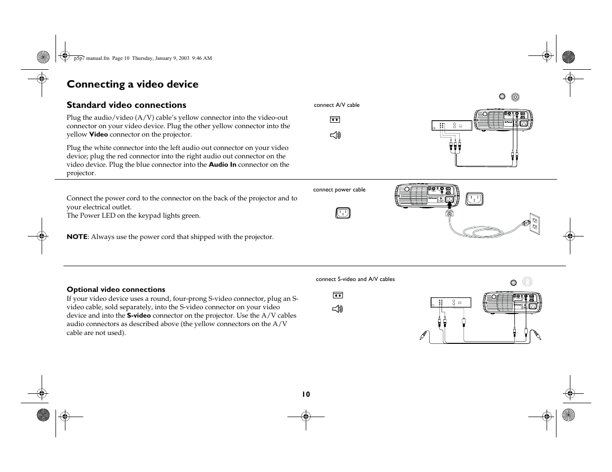 Connecting a video device, Standard video connections | InFocus LP 250 User Manual | Page 10 / 44