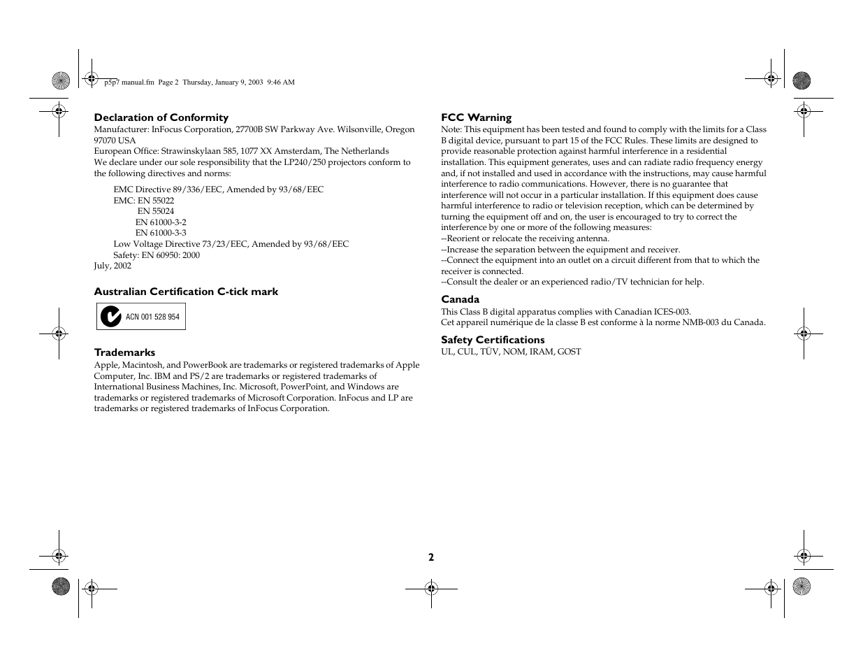 InFocus LP 250 User Manual | Page 2 / 44