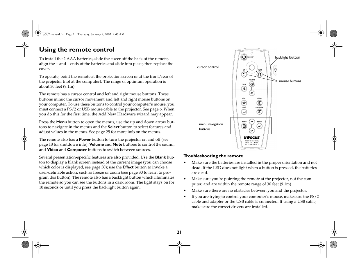 Using the remote control | InFocus LP 250 User Manual | Page 21 / 44