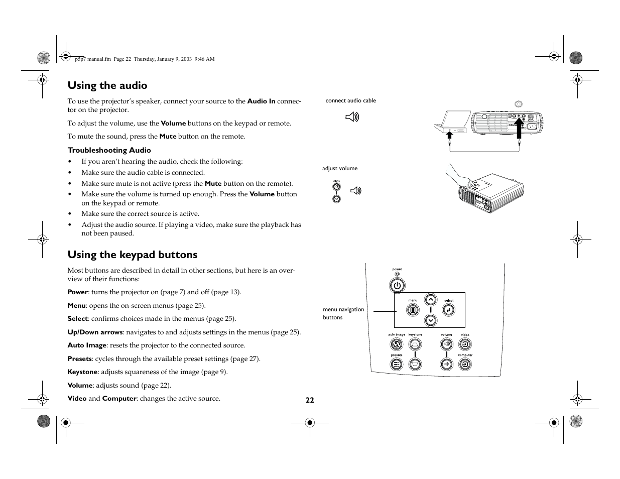 Using the audio, Using the keypad buttons | InFocus LP 250 User Manual | Page 22 / 44