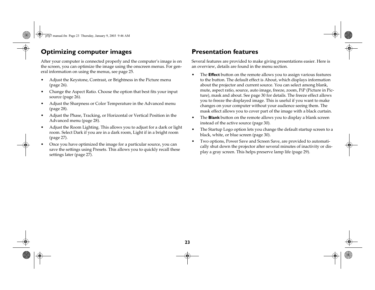 Optimizing computer images, Presentation features | InFocus LP 250 User Manual | Page 23 / 44