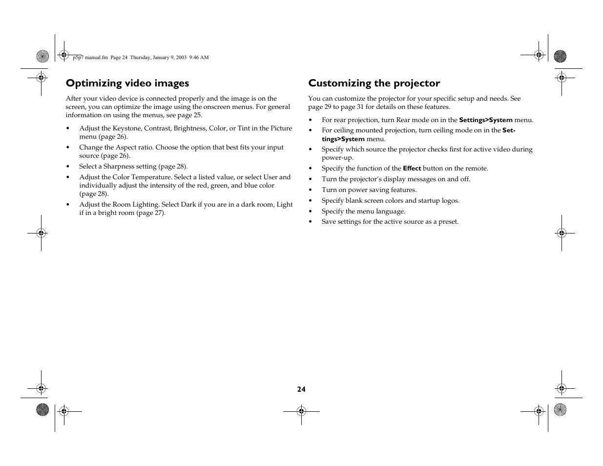 Optimizing video images, Customizing the projector | InFocus LP 250 User Manual | Page 24 / 44