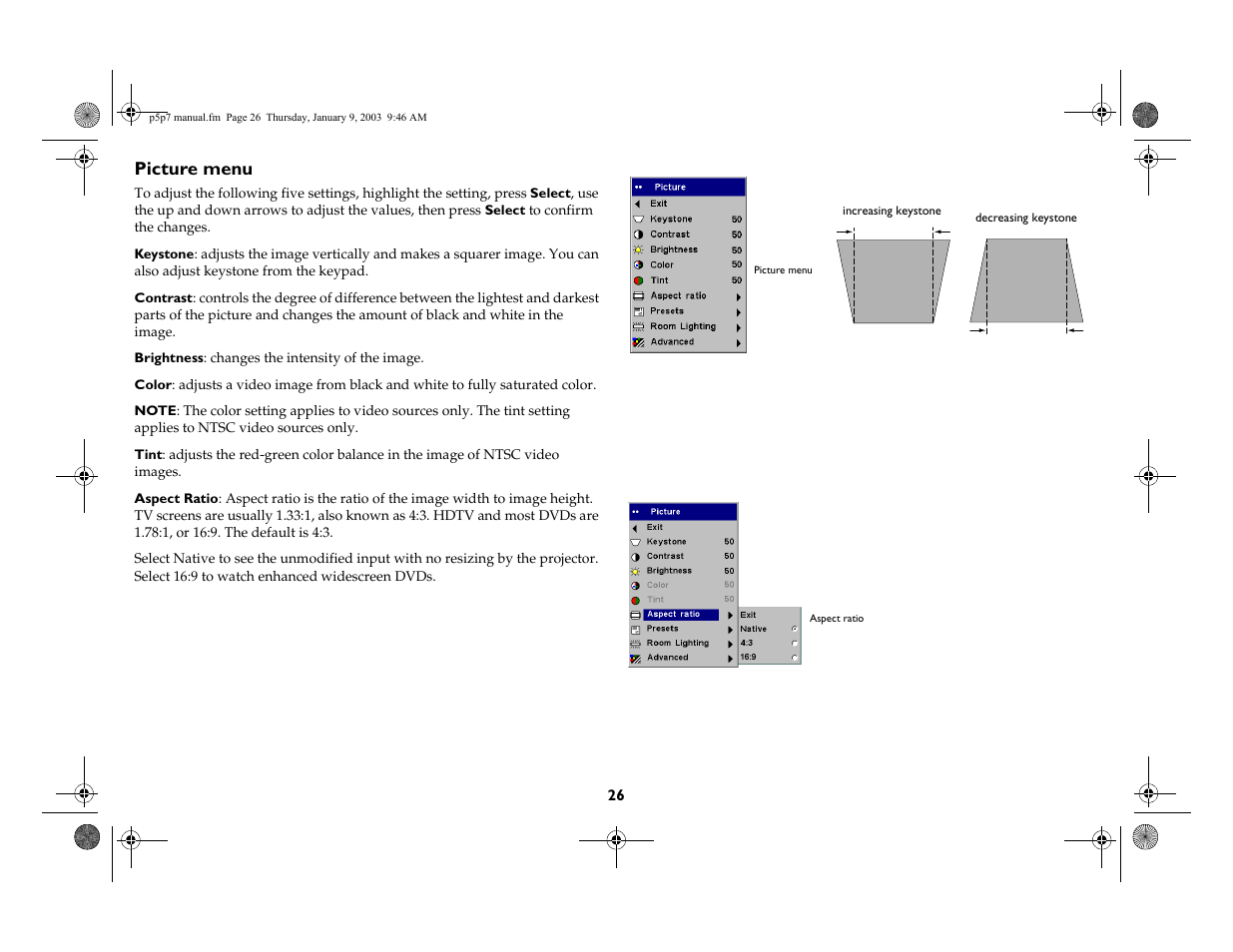 Picture menu | InFocus LP 250 User Manual | Page 26 / 44