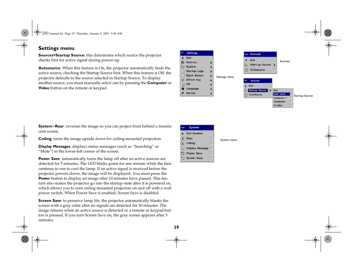 Settings menu | InFocus LP 250 User Manual | Page 29 / 44