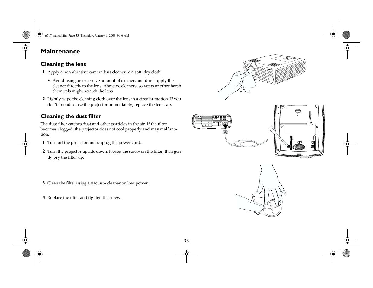 Maintenance, Cleaning the lens, Cleaning the dust filter | InFocus LP 250 User Manual | Page 33 / 44