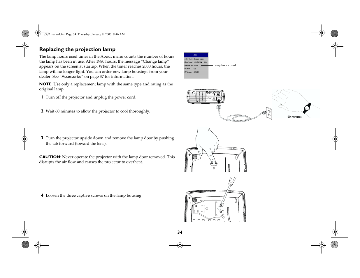 Replacing the projection lamp | InFocus LP 250 User Manual | Page 34 / 44