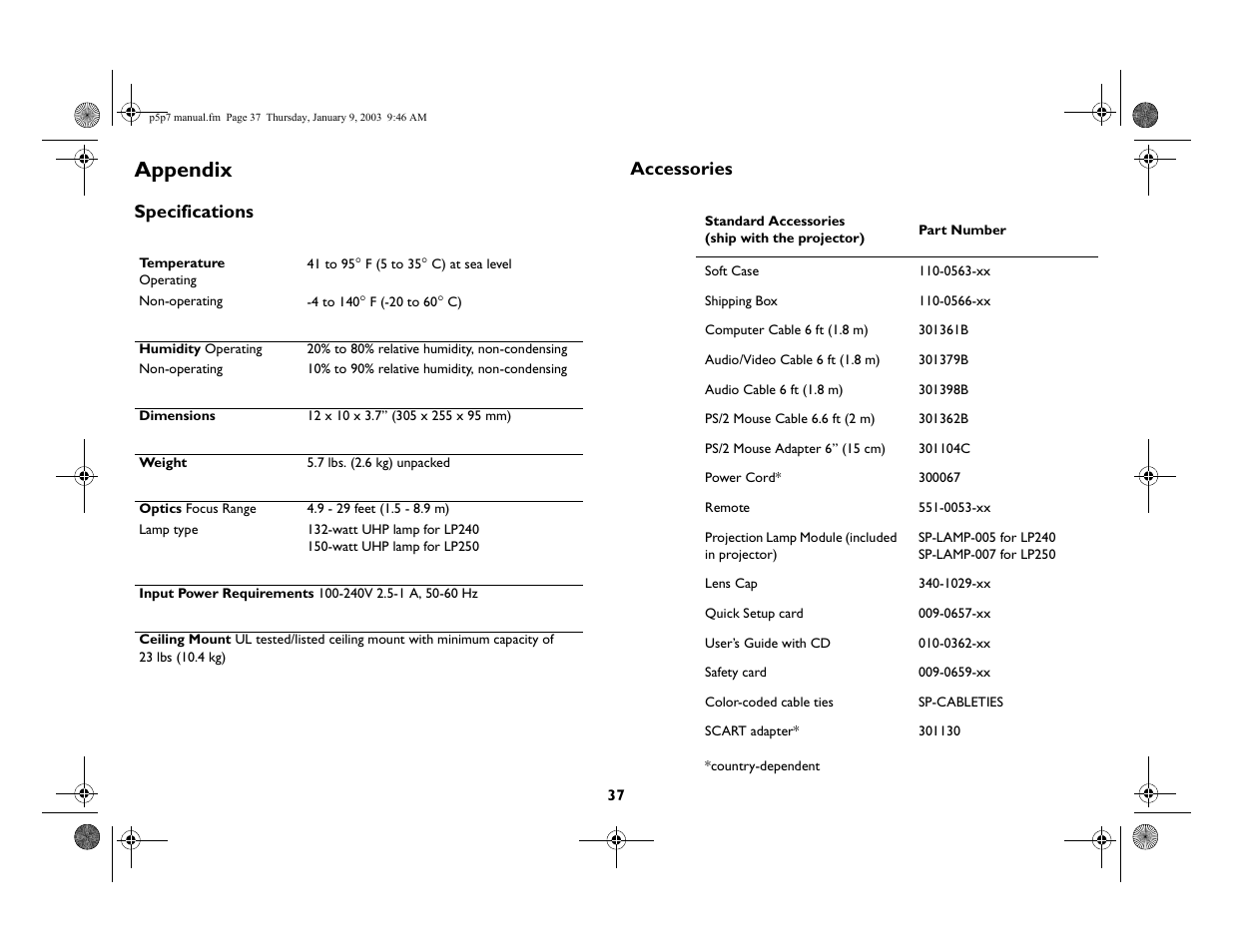 Appendix, Specifications, Accessories | Specifications 37 accessories 37, Specifications accessories | InFocus LP 250 User Manual | Page 37 / 44