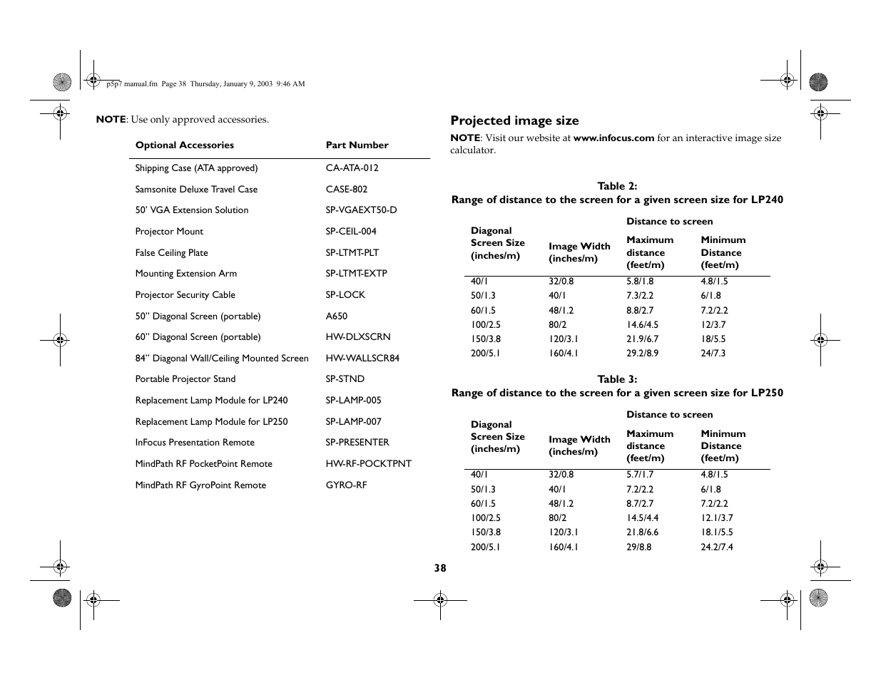 Projected image size | InFocus LP 250 User Manual | Page 38 / 44