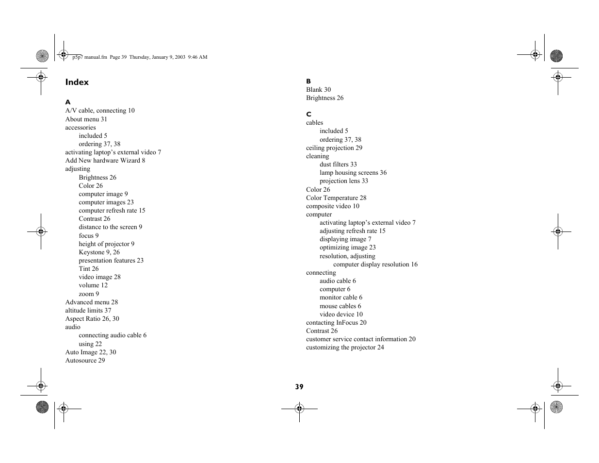 Index | InFocus LP 250 User Manual | Page 39 / 44