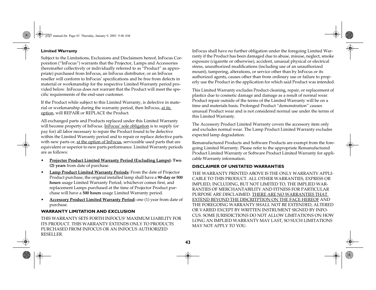 InFocus LP 250 User Manual | Page 43 / 44