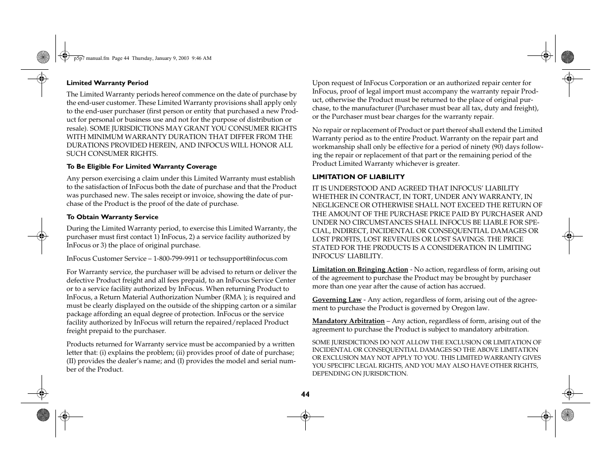 InFocus LP 250 User Manual | Page 44 / 44