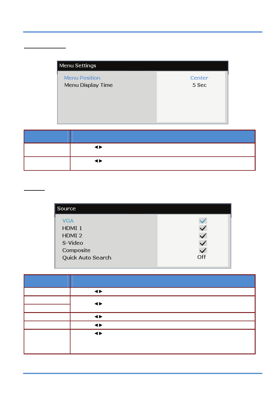 Menu settings, Source, Source on | InFocus DISPERINDAG IN3118HD User Manual | Page 29 / 54