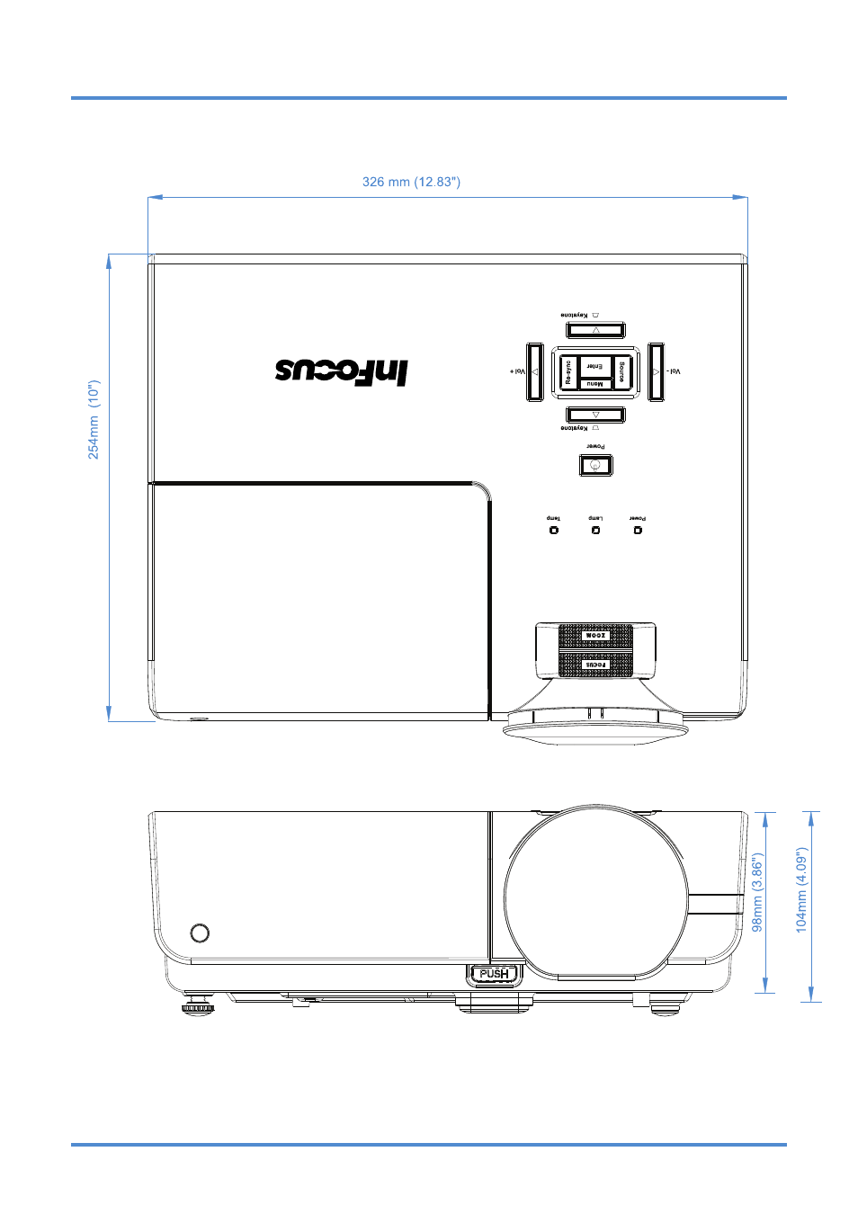 Projector dimensions, Rojector, Imensions | InFocus DISPERINDAG IN3118HD User Manual | Page 53 / 54