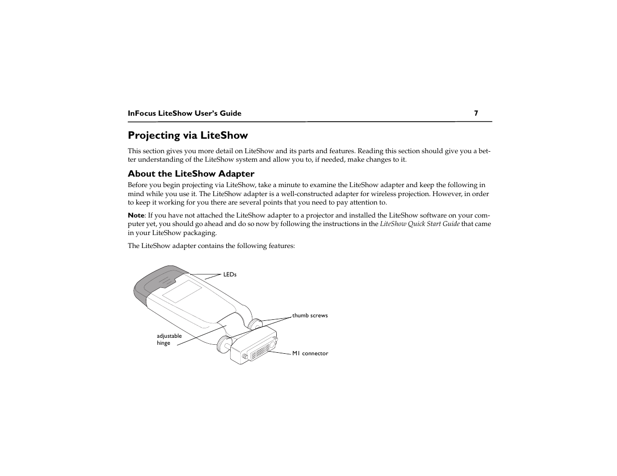 Projecting via liteshow, About the liteshow adapter | InFocus LiteShow DP1200x M1 User Manual | Page 12 / 48