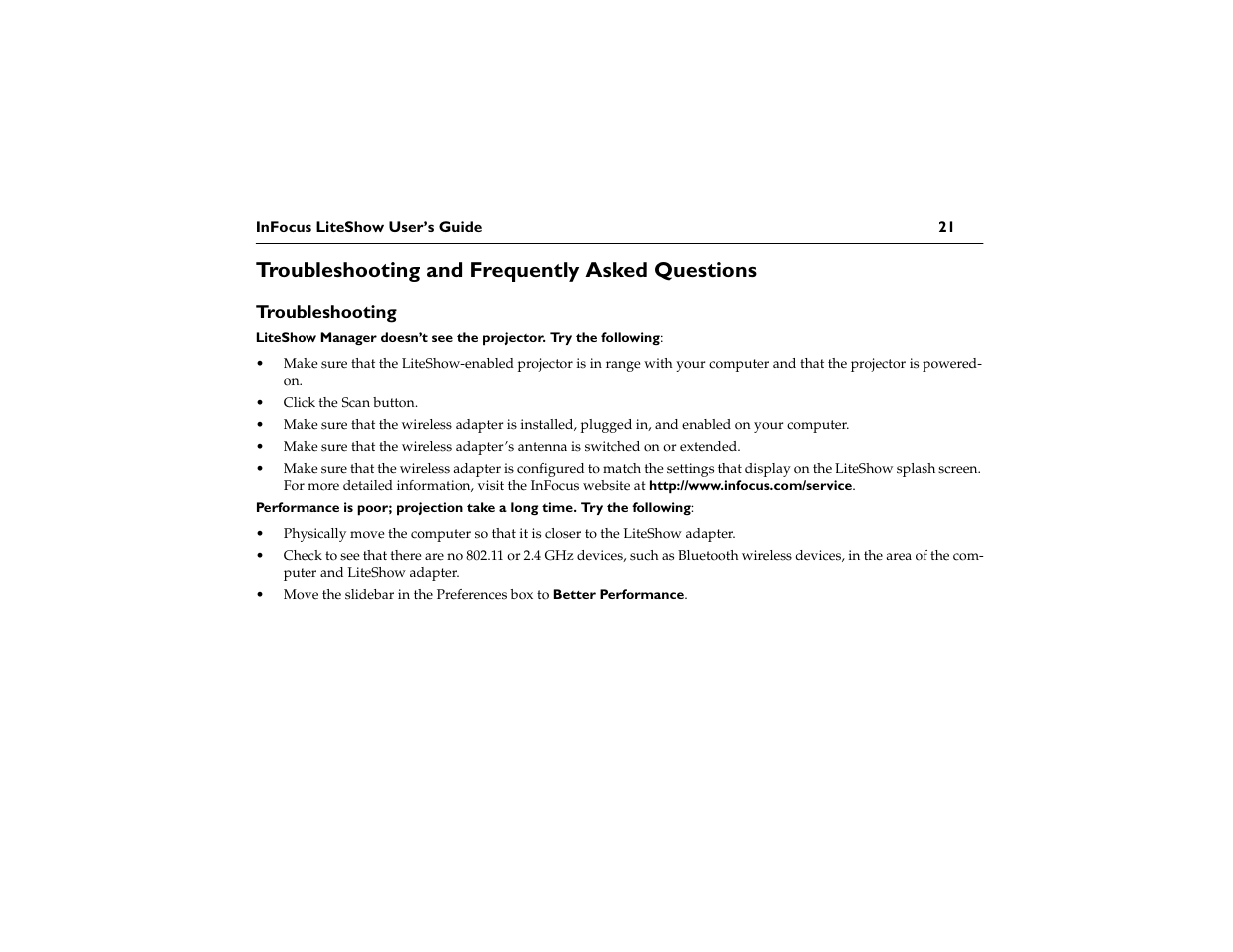 Troubleshooting and frequently asked questions, Troubleshooting | InFocus LiteShow DP1200x M1 User Manual | Page 26 / 48