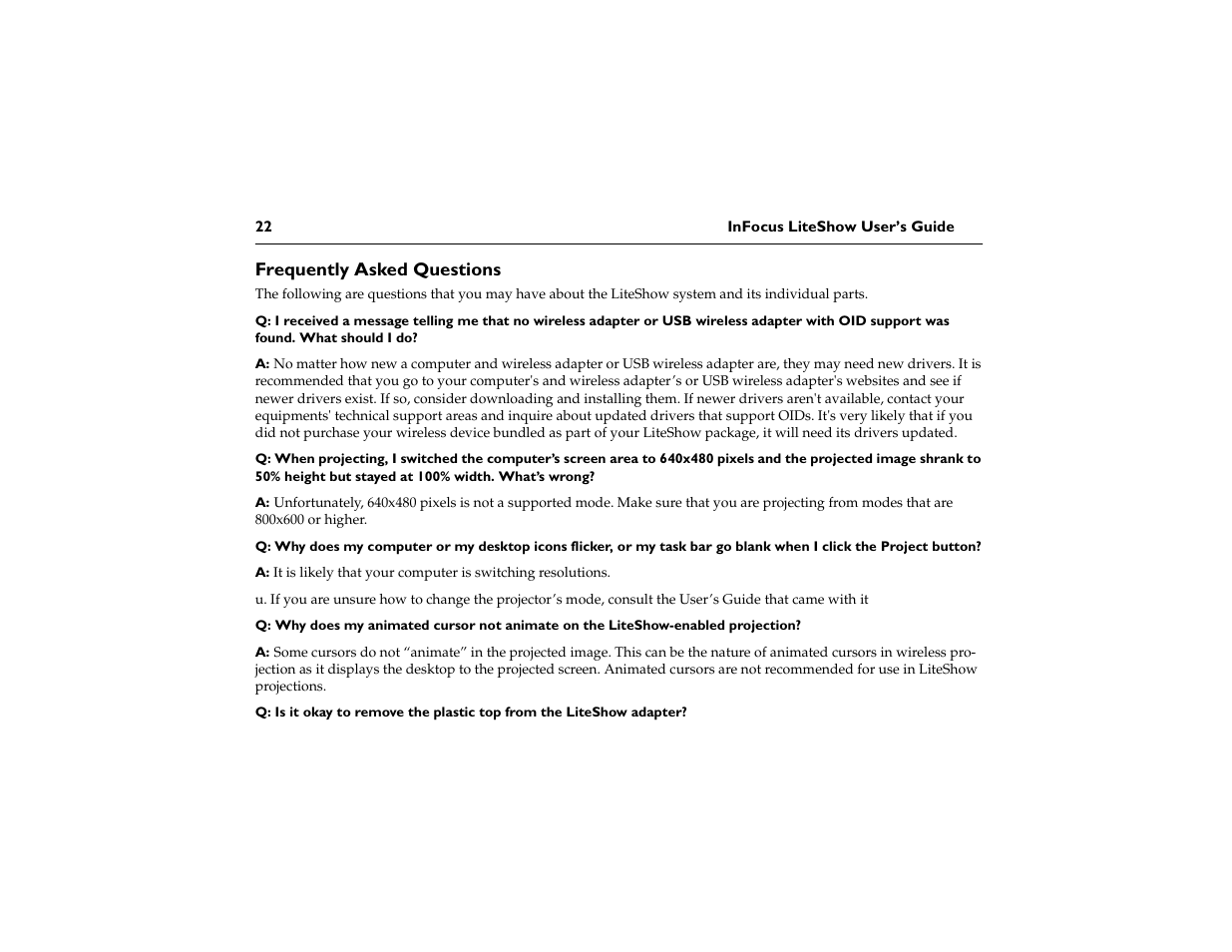 Frequently asked questions | InFocus LiteShow DP1200x M1 User Manual | Page 27 / 48