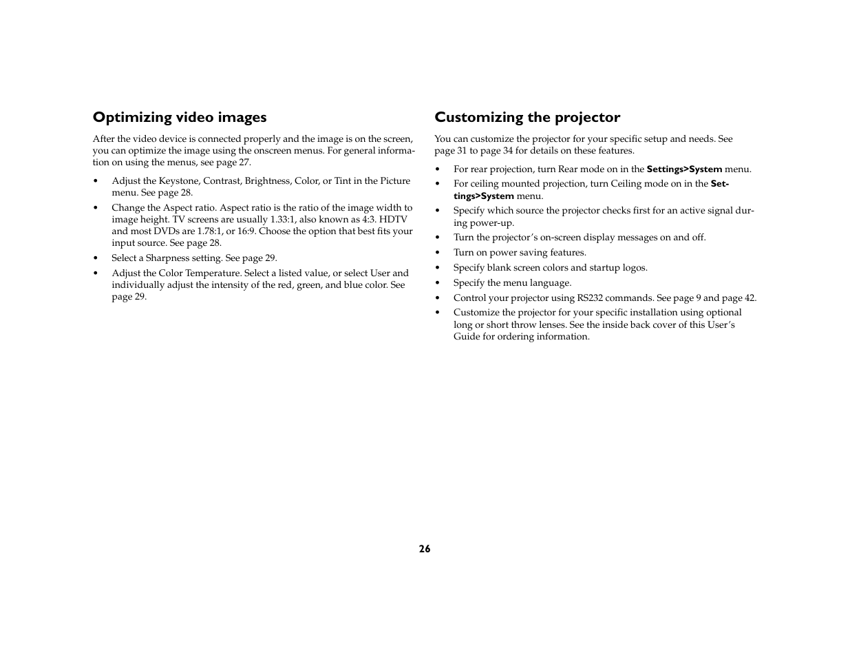 Optimizing video images, Customizing the projector | InFocus IN5106 User Manual | Page 27 / 51