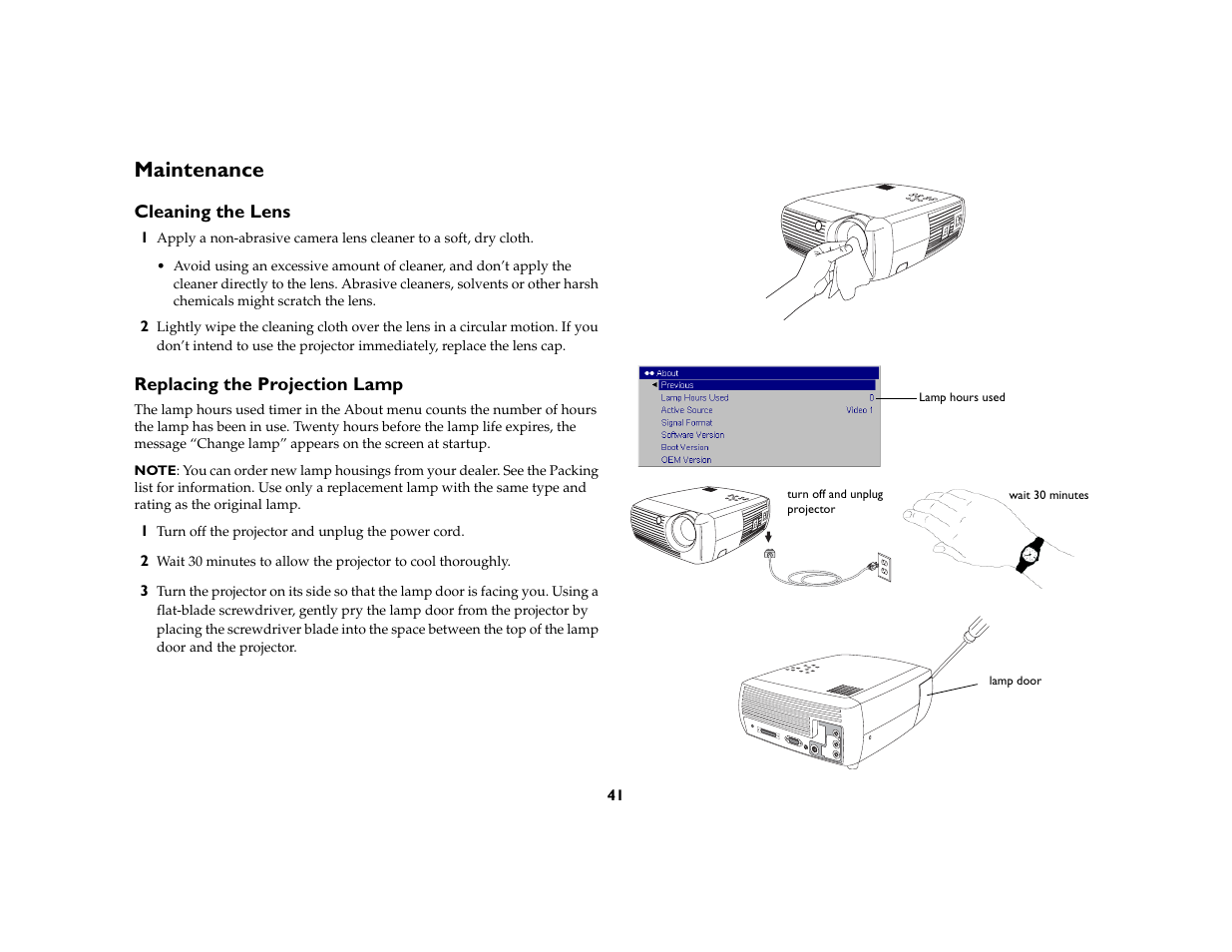 Maintenance, Cleaning the lens, Replacing the projection lamp | Maintenance 41 | InFocus X3 User Manual | Page 41 / 50