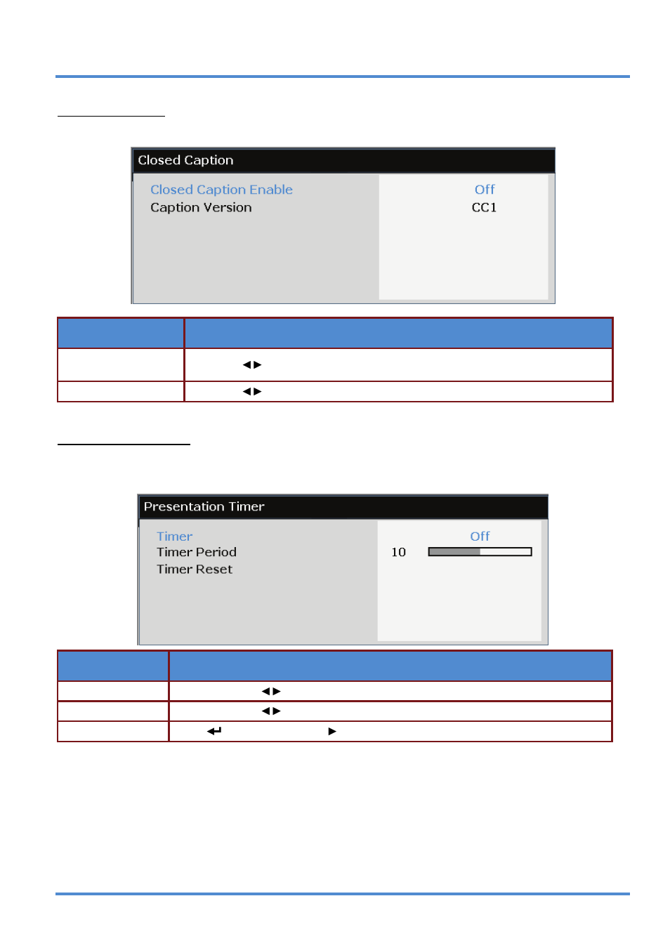 Closed caption, Presentation timer, Presentation | InFocus IN5318 User Manual | Page 44 / 61