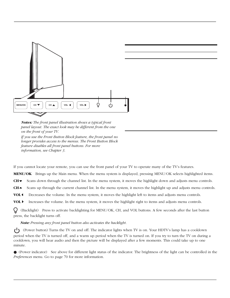 Connections & setup, The front of your tv, Front panel buttons | Chapter 1 15 | InFocus 61md10 User Manual | Page 17 / 100