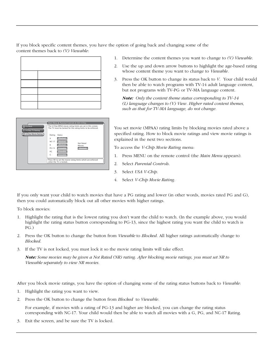 Using the tv’s features, 44 chapter 3 viewing specific content themes, Content themes | V-chip movie rating limit, Blocking movie ratings, Viewing movie ratings | InFocus 61md10 User Manual | Page 46 / 100