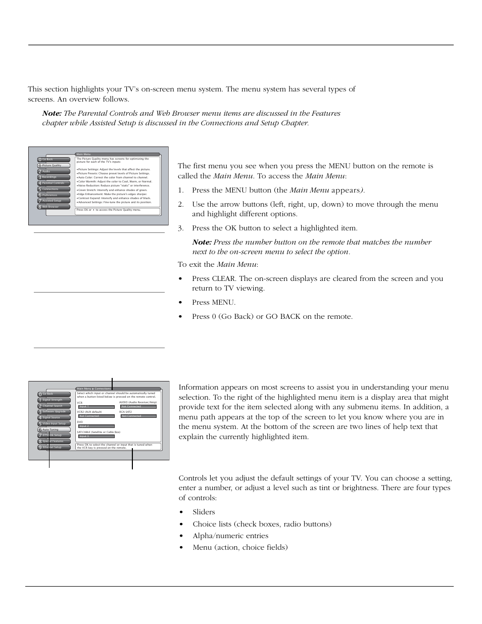 Using the tv’s menu system, Menus, on-screen help, and control panels, Navigating the menu system | On-screen help, Controls, 54 chapter 4, Tips, Menu path help text highlighted menu selection | InFocus 61md10 User Manual | Page 56 / 100